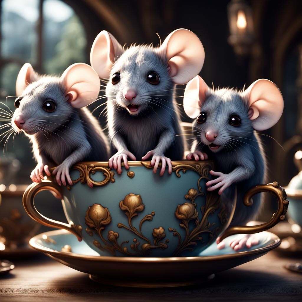 Mice Family in Teacup: Detailed Fantasy Art