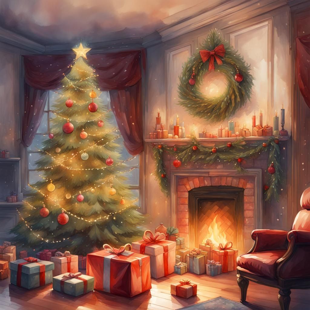 Aesthetic Watercolor Christmas Tree with Presents