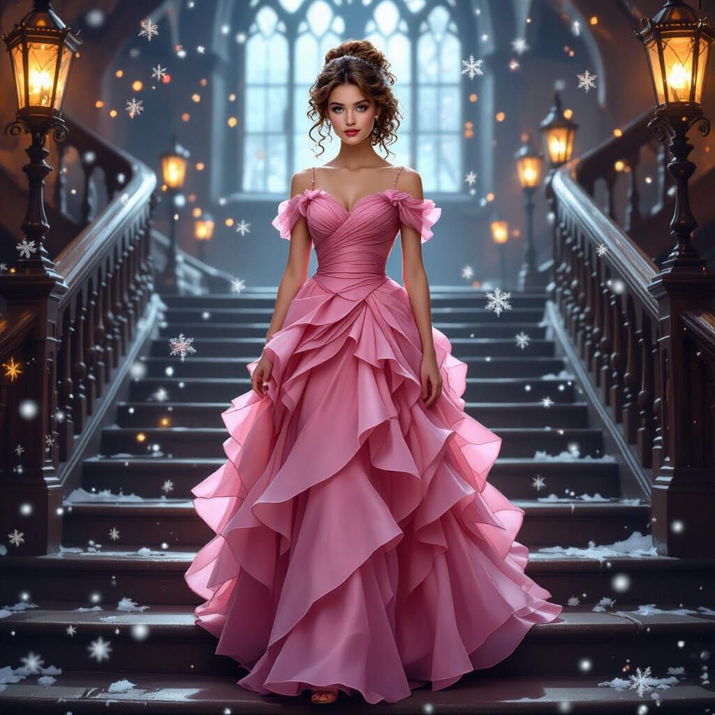 Young Witch Descends Hogwarts Staircase in Pink Gown