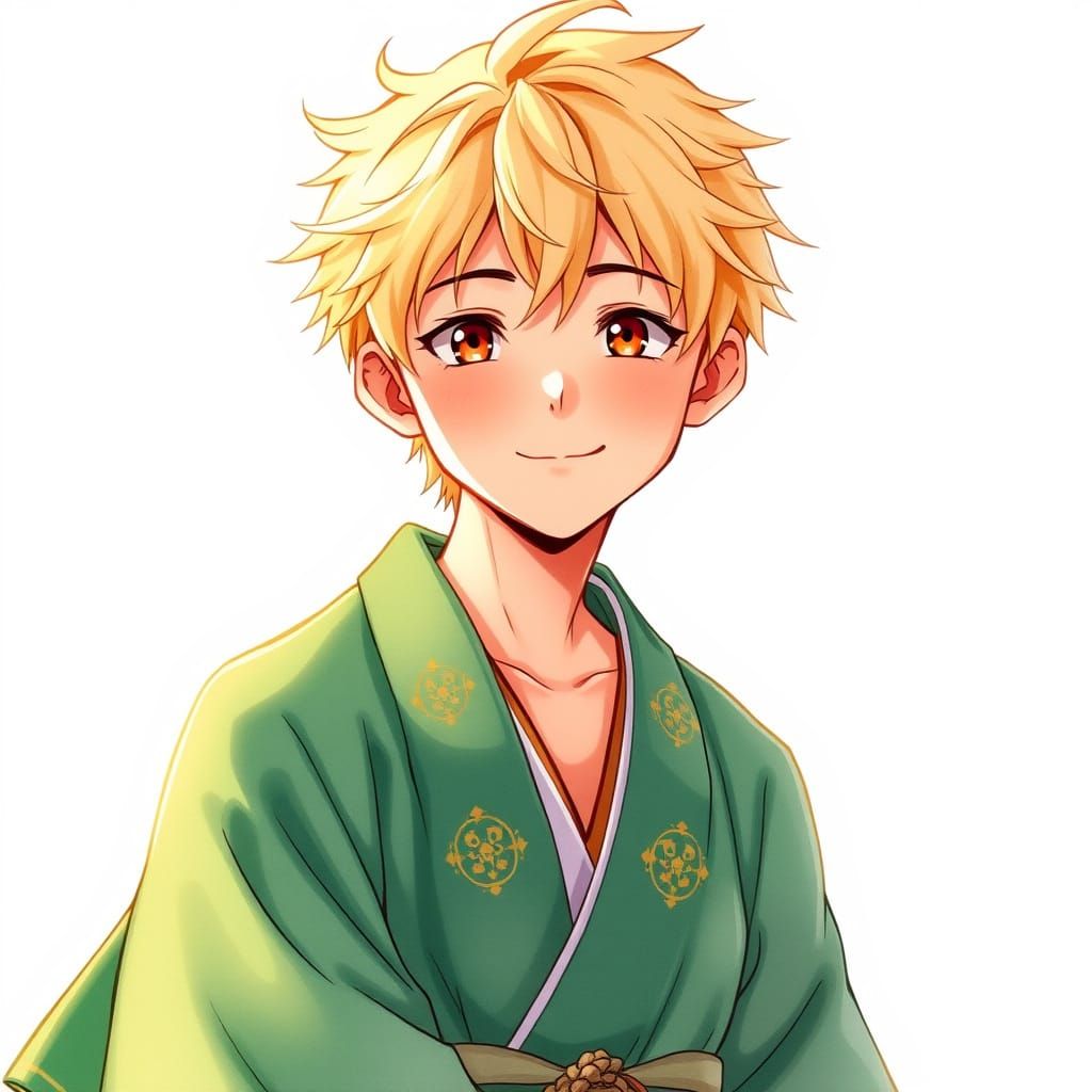 Teenage Anime Boy in Vibrant Green Haori Jacket with Golden ...