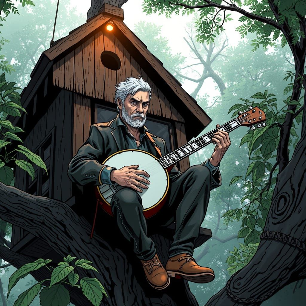 Banjo Player in a Treehouse Comic Book Scene