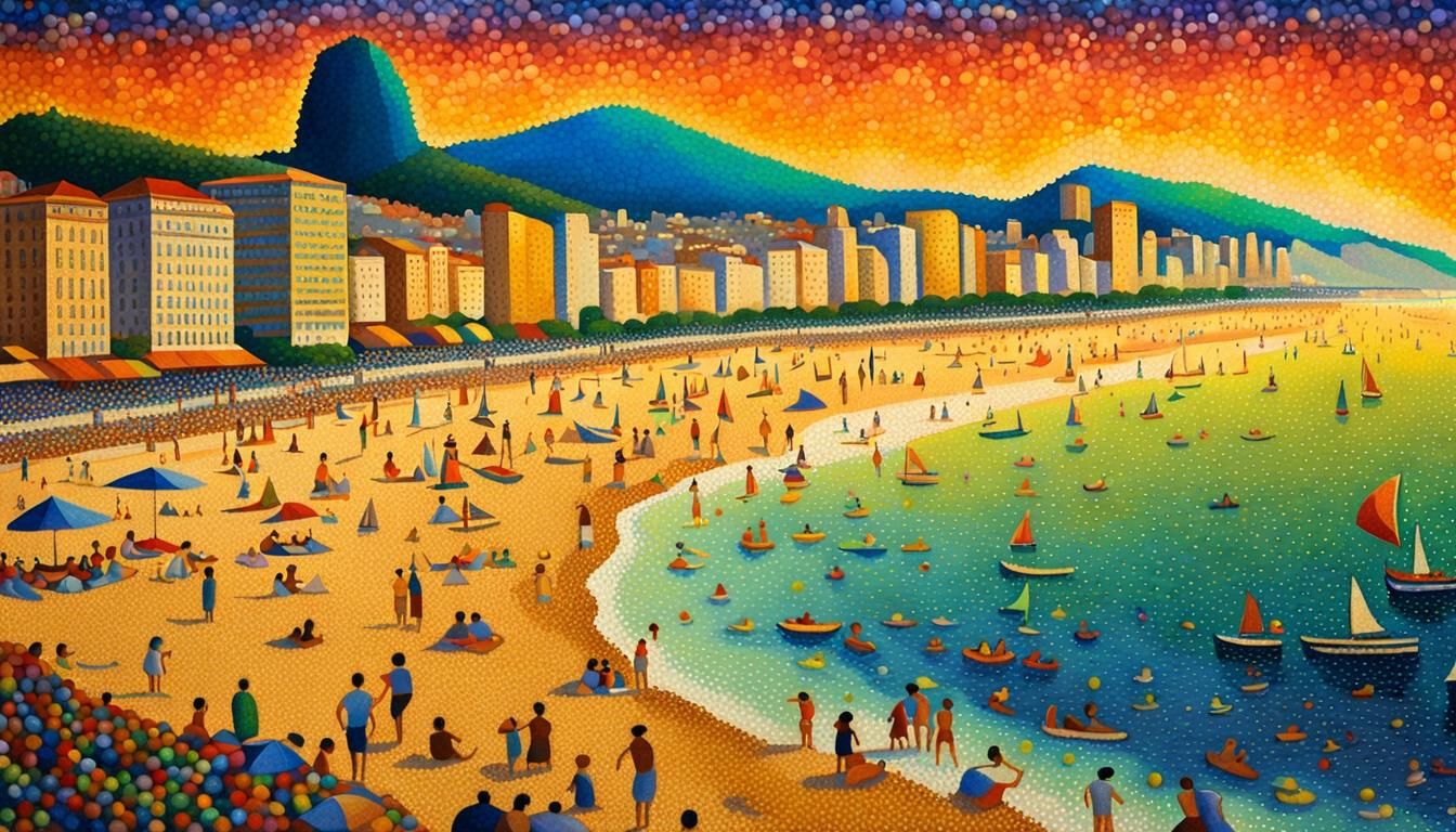 Copacabana Beach Sunset in Pointillist Style