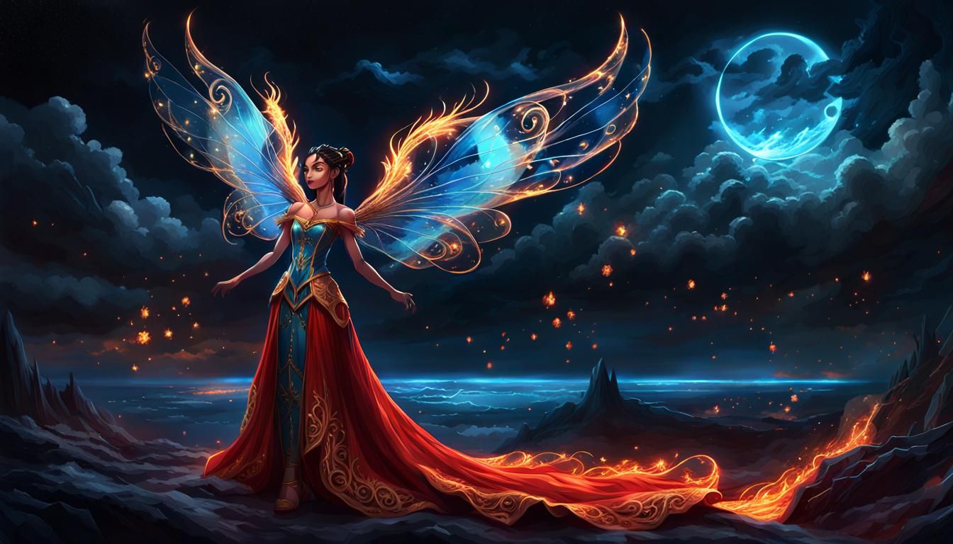 Latina Elf with Fire Wings in Bioluminescent Gown