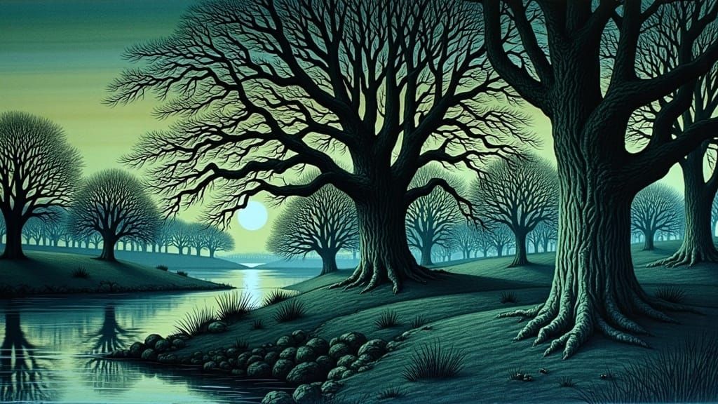 Whimsical Nighttime Landscape with Majestic Oaks