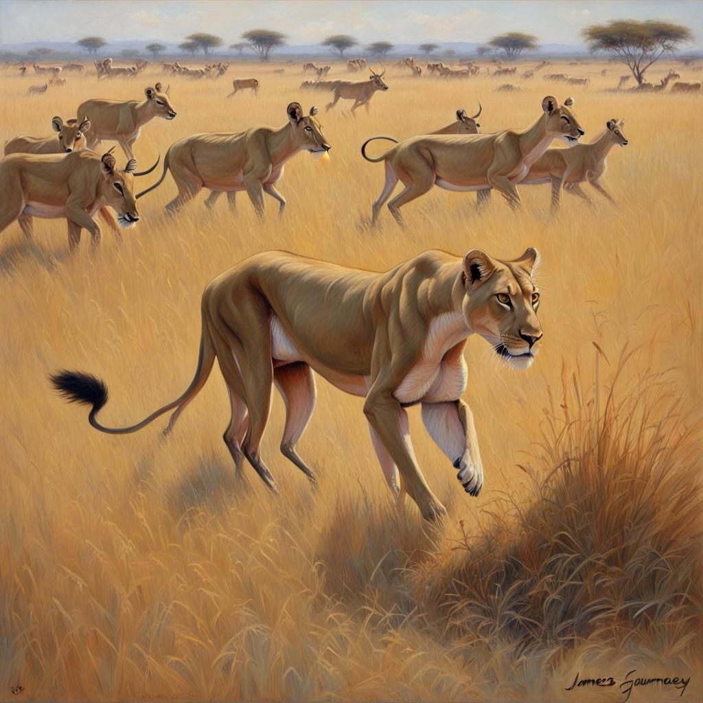 Lioness Hunting Antelope in Grassy Landscape