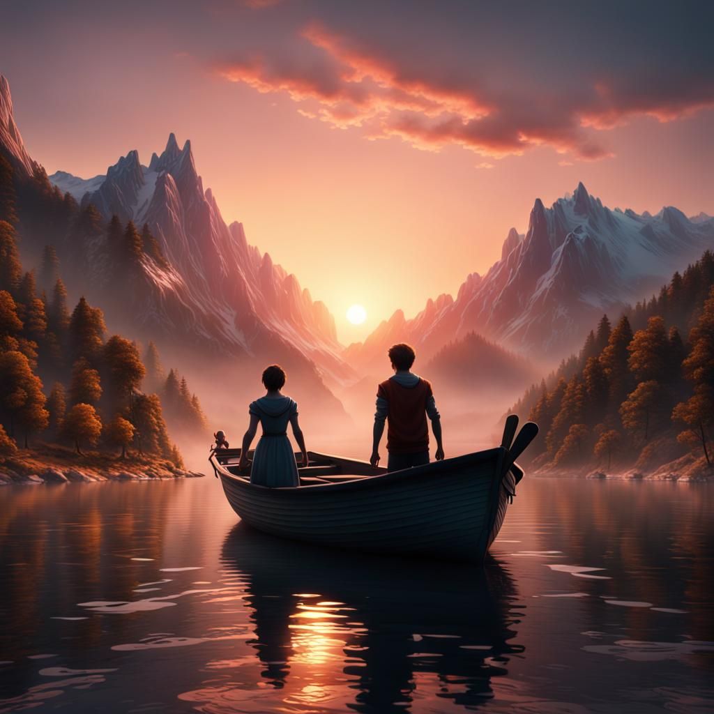 Children Watch Mountain Sunset: Fantasy Concept Art
