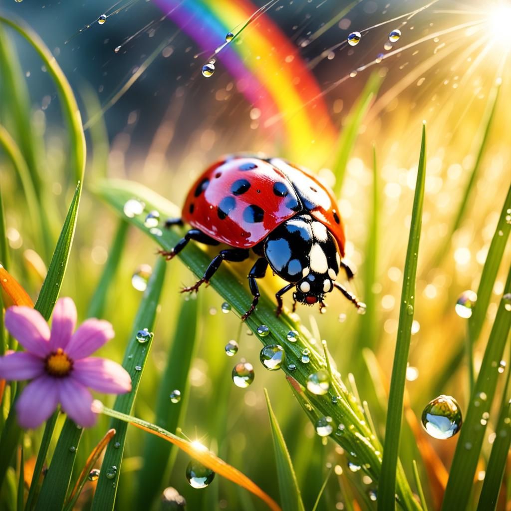 Ladybug in Meadow with Rainbow, Macro Photography