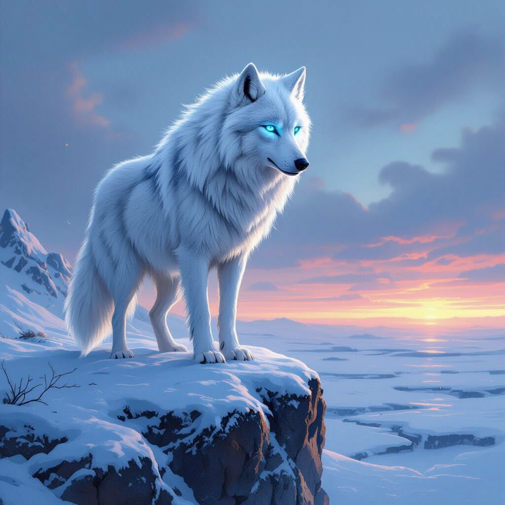 Ethereal White Wolf on Frozen Tundra in Fantasy Style