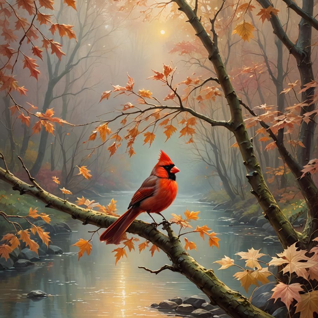 Ethereal Cardinal Serene Maple Tree River Landscape