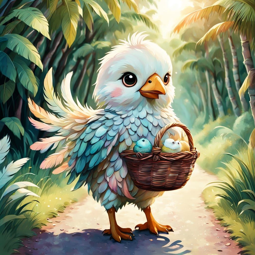 Chibi Chick Strolls Down Country Road with Wicker Basket
