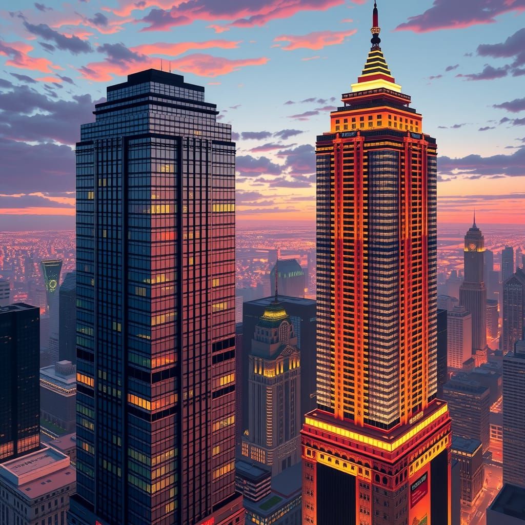 Financial Skyscraper Rivalry in 8-Bit Pixel Art