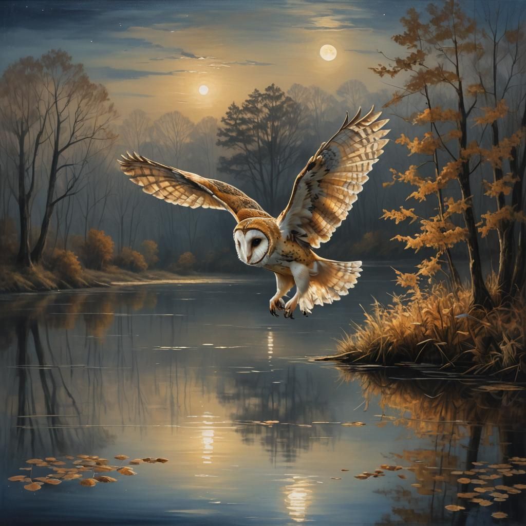 Barn Owl Soaring Over Moonlit Lake: Oil Painting