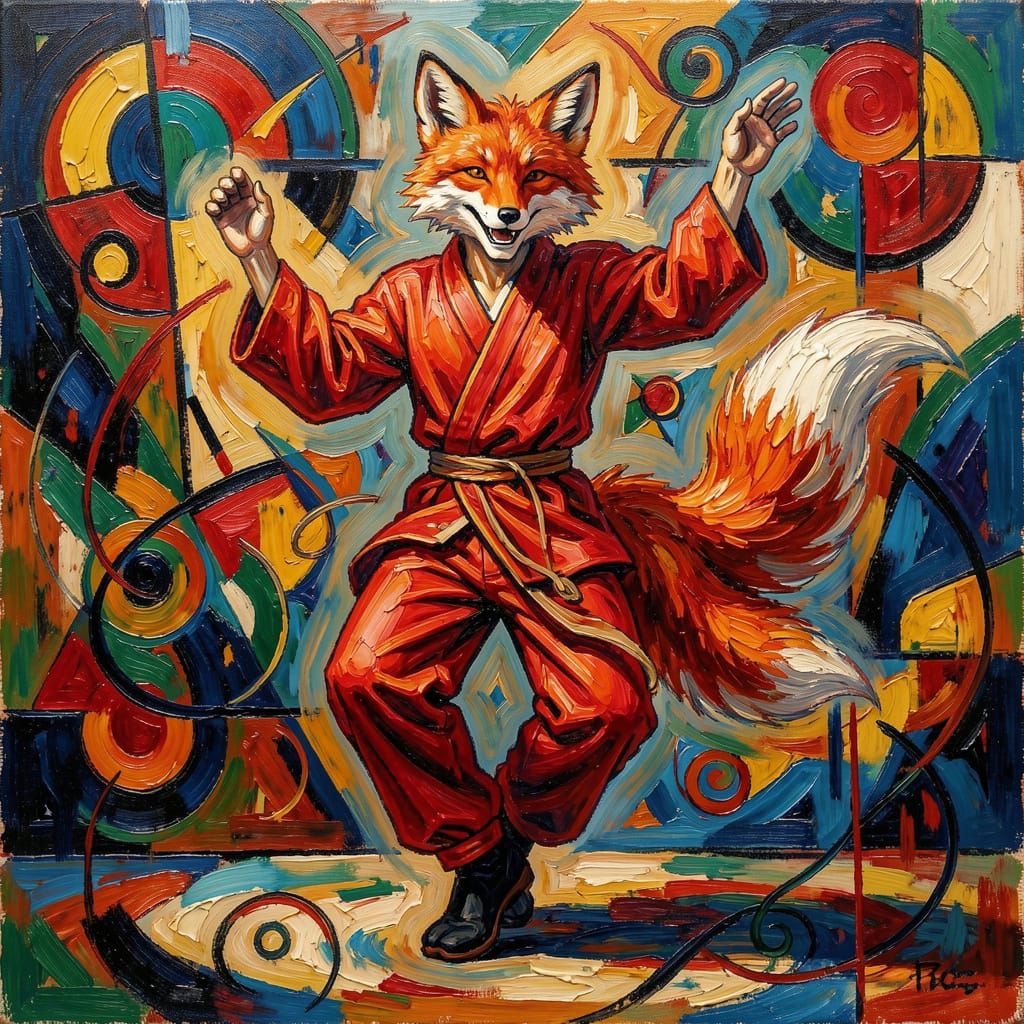 Joyful Kitsune Dancer in Vibrant Impressionist Style