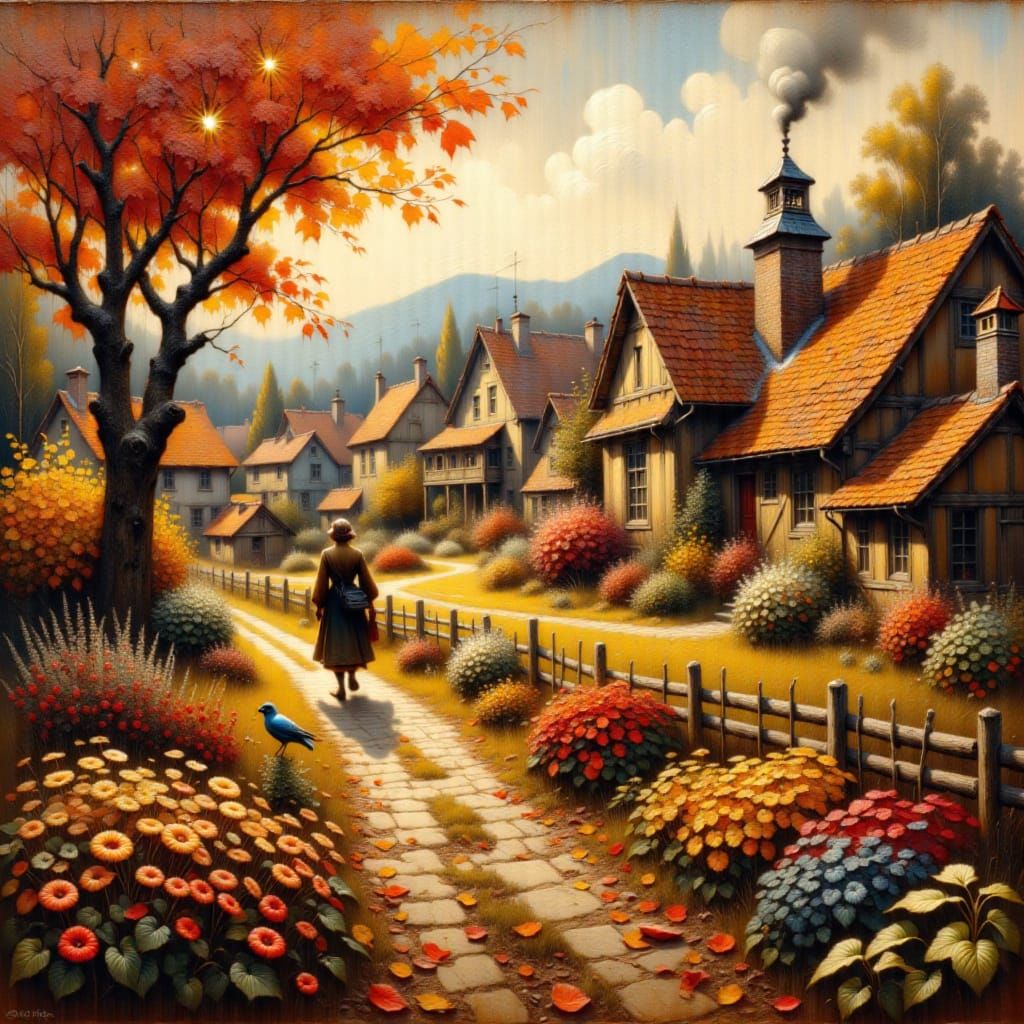 Realistic Oil Painting of an Autumn Village with Dramatic Li...