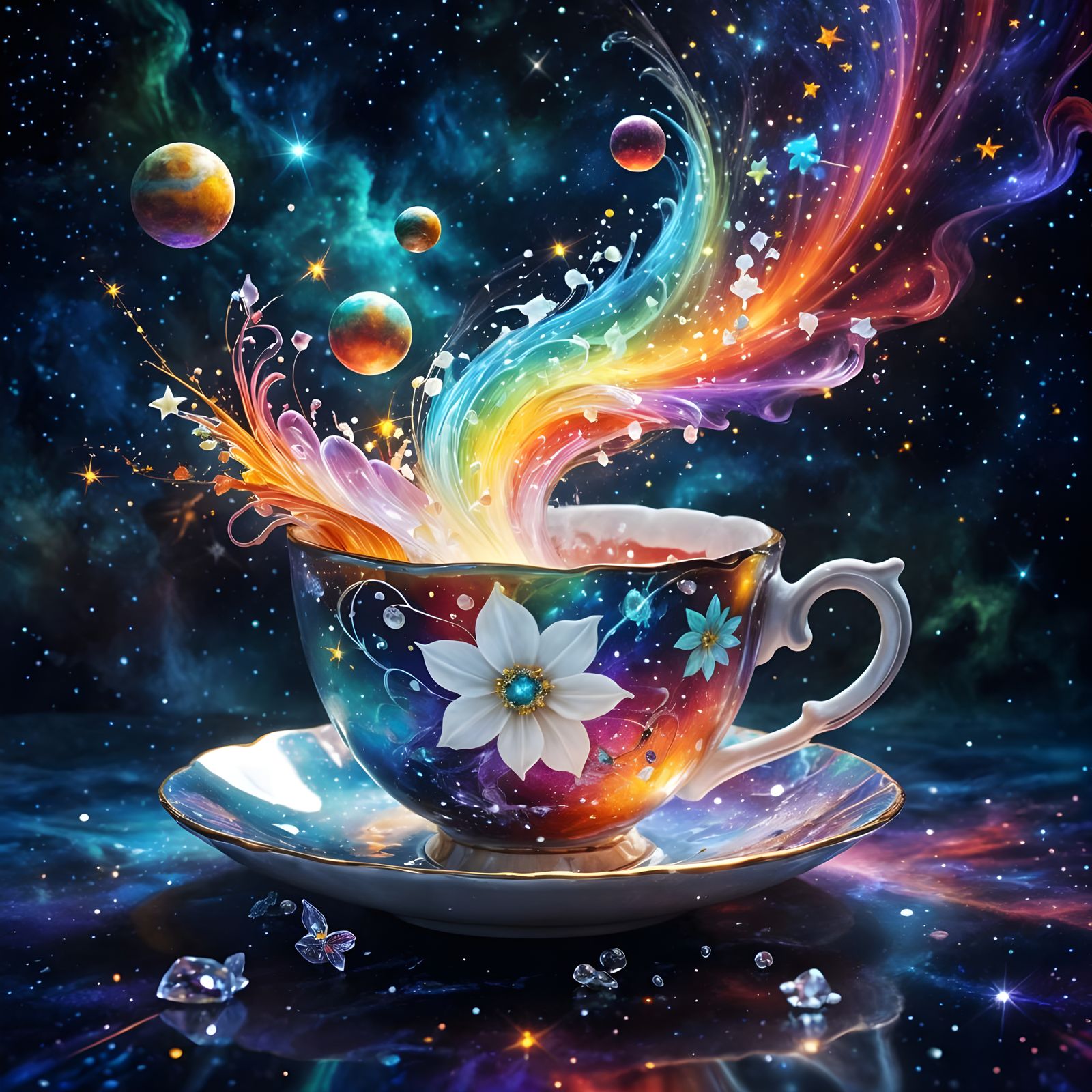 Neon Teacup Flying Through a Colorful Universe
