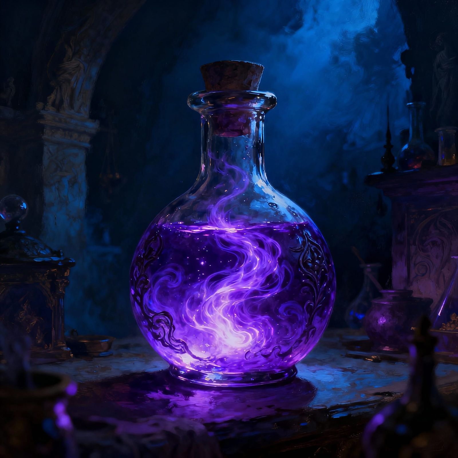 Bioluminescent Potion Bottle in Ancient Lab