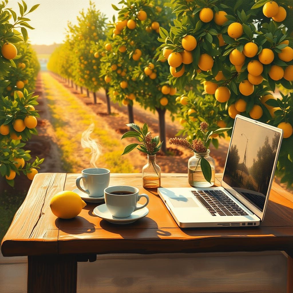 Warm Still Life of Lemons, Coffee, and Laptop in Vibrant Lem...