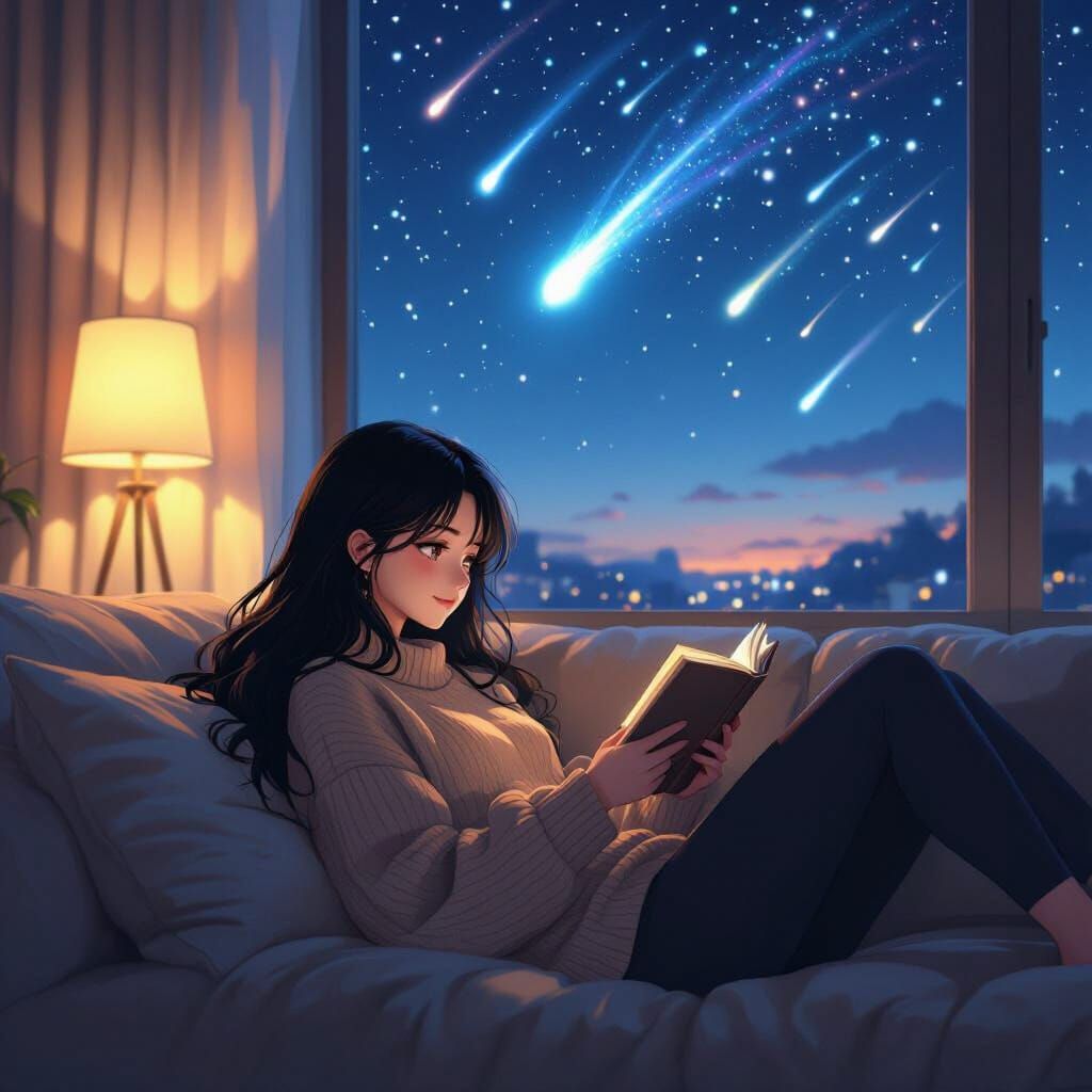 Anime Woman Reads by Window During Meteor Shower