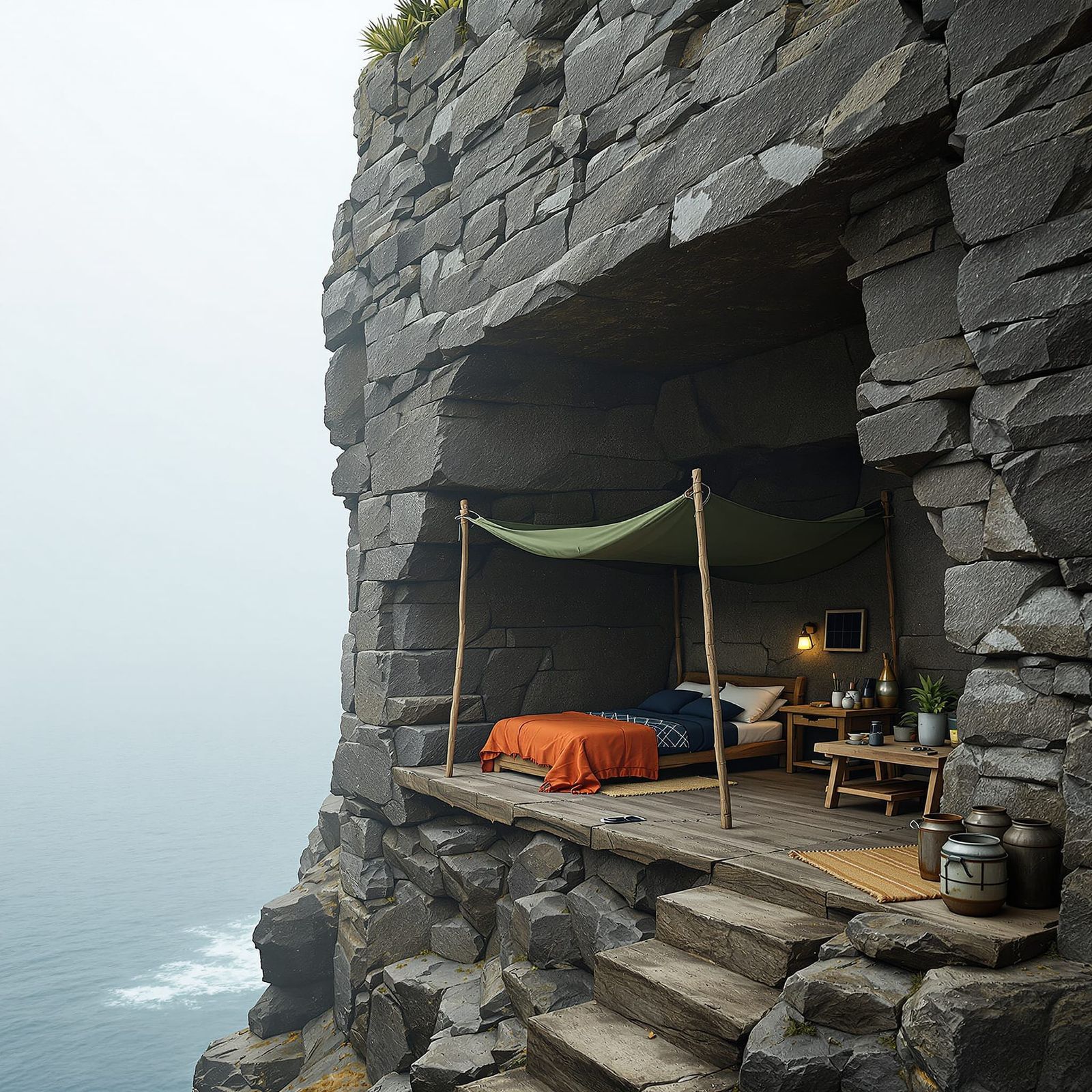 Rustic Cliff Dwelling Overlooking Misty Ocean