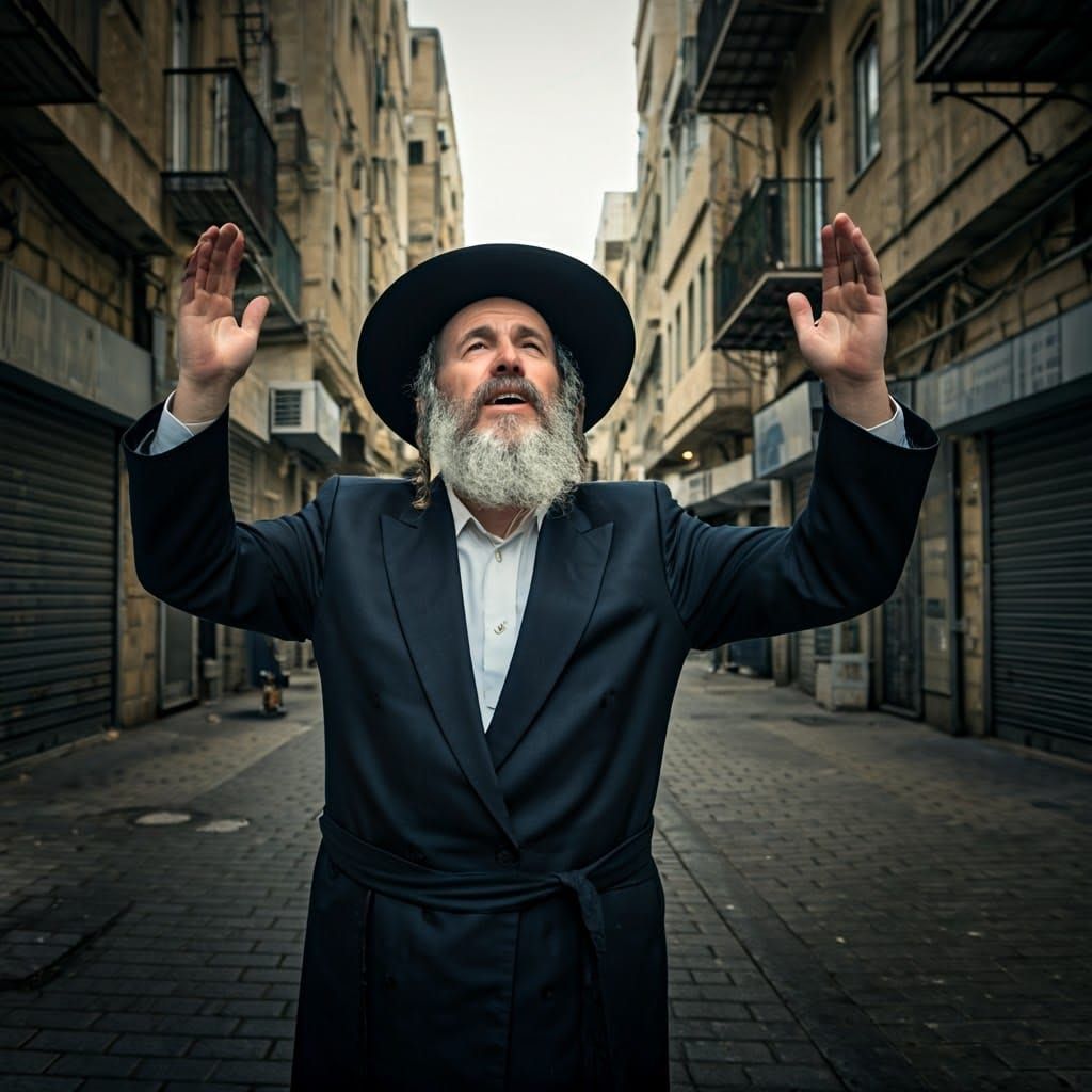 Orthodox Jewish Man Celebrates in City Street, Hyperrealism