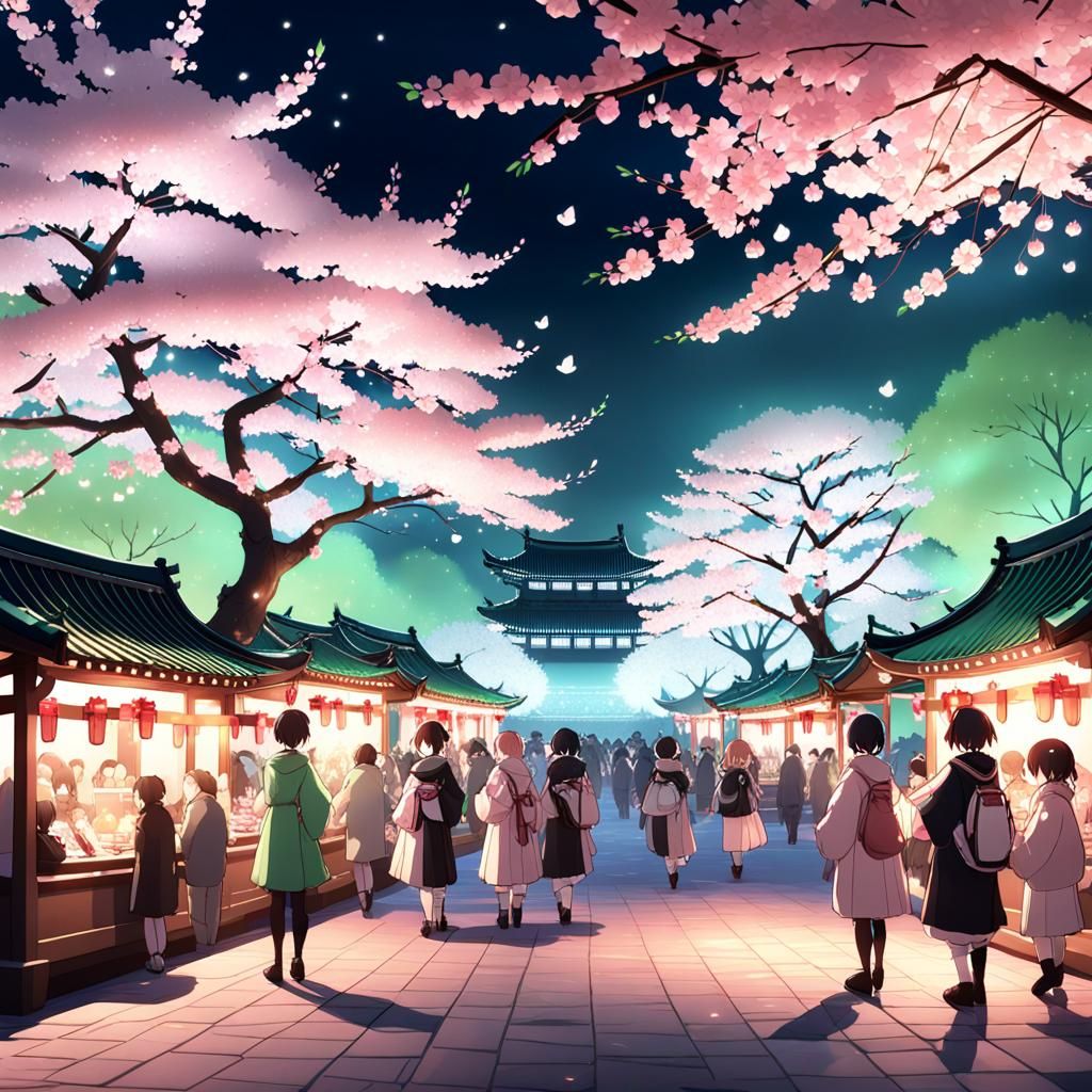 Nighttime Cherry Blossom Festival in Anime Style