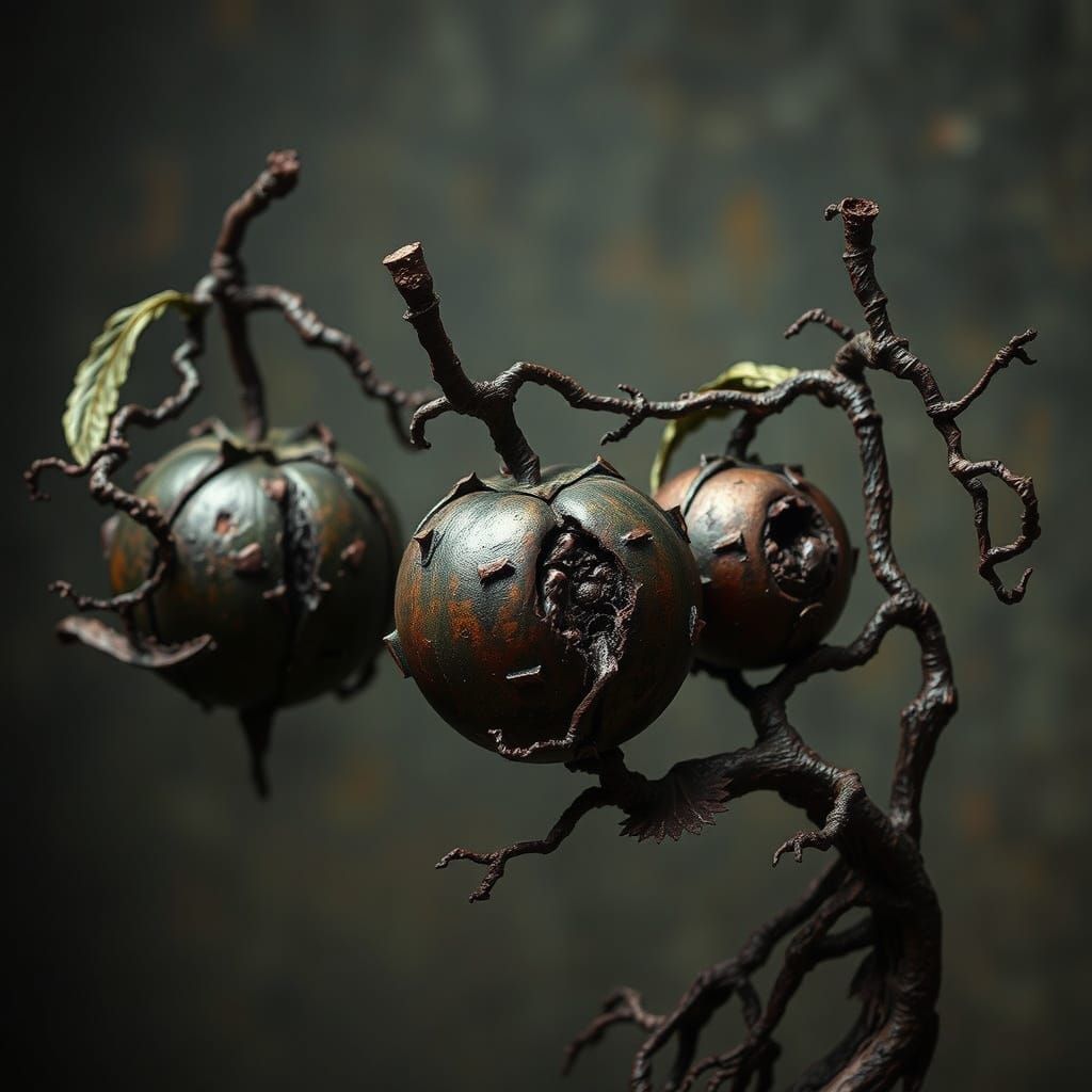 Gothic Metal Fruit Sculptures in Dark Fantasy Style