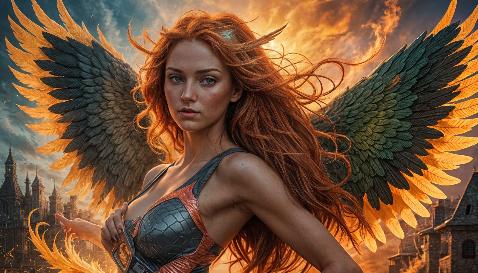 Redhead Woman with Phoenix Wings at Dusk