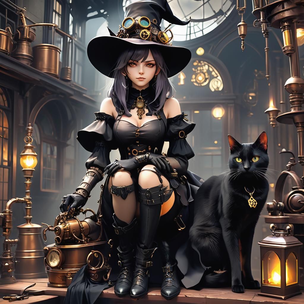Steampunk Witch Girl with Cat in 3D Anime Art