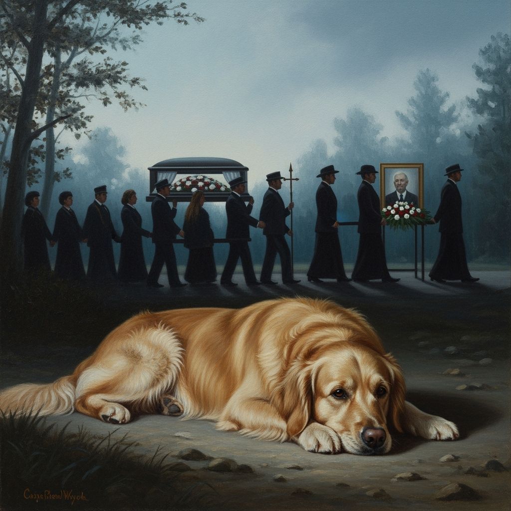 Golden Retriever Mourns Owner's Funeral in Somber Oil Painti...