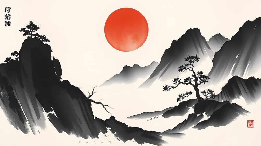 Japanese Ink Calligraphy Landscape on Rice Paper