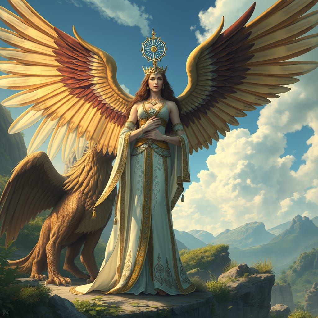 Persian Goddess with Griffin in Lush Landscape