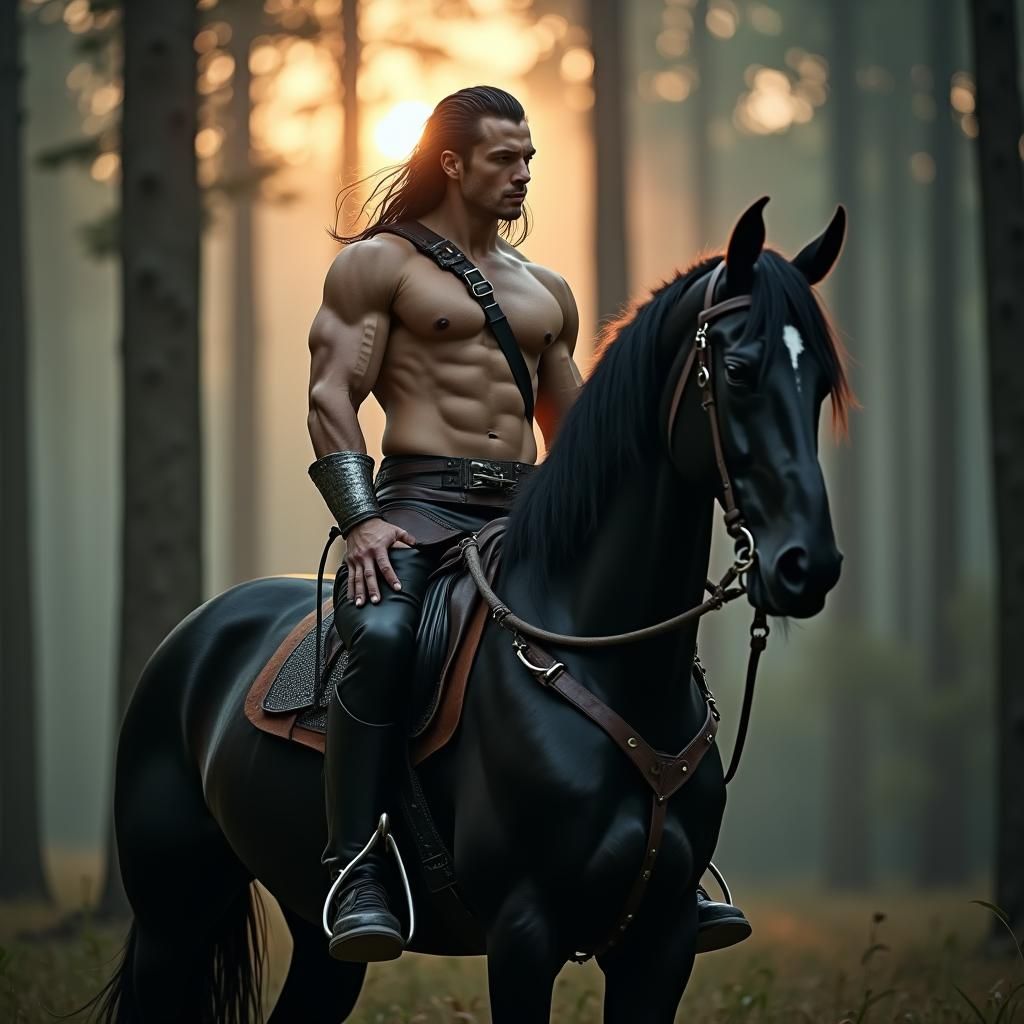 Soldier on Horseback in Mystical Forest, Cinematic Style