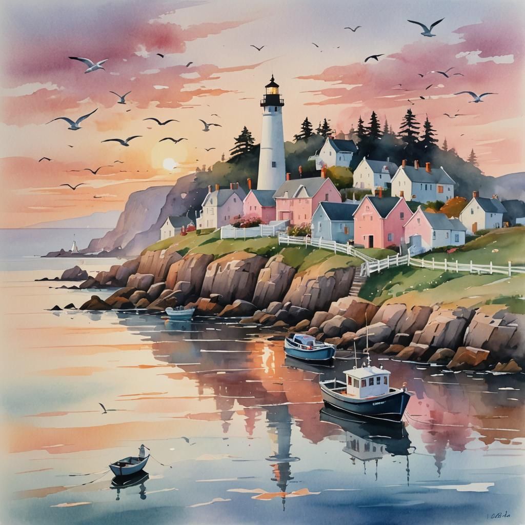 Seaside Village at Sunrise: Impressionist Gouache Painting