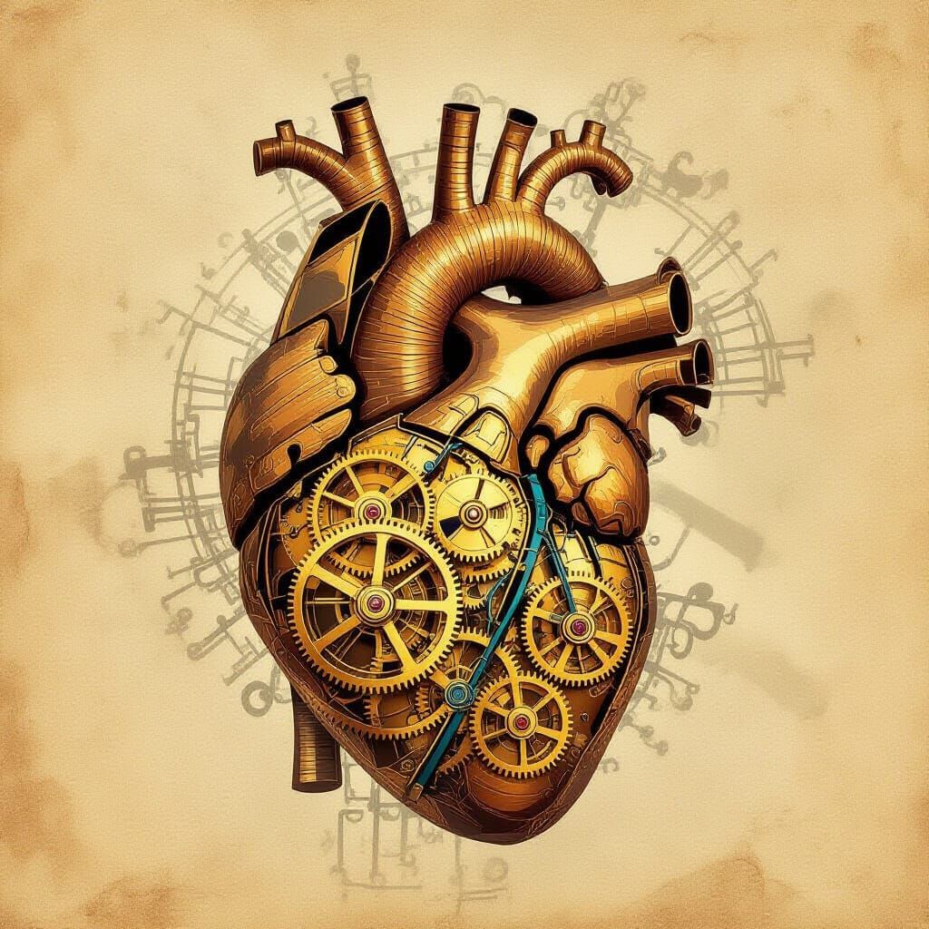 Anatomical Heart With Golden Clockwork Gears In Steampunk St...