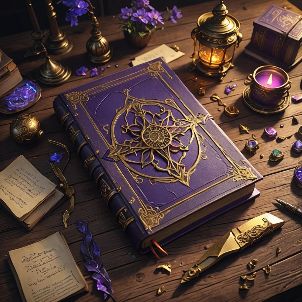Leather Magic Book on Desk, Fantasy Art