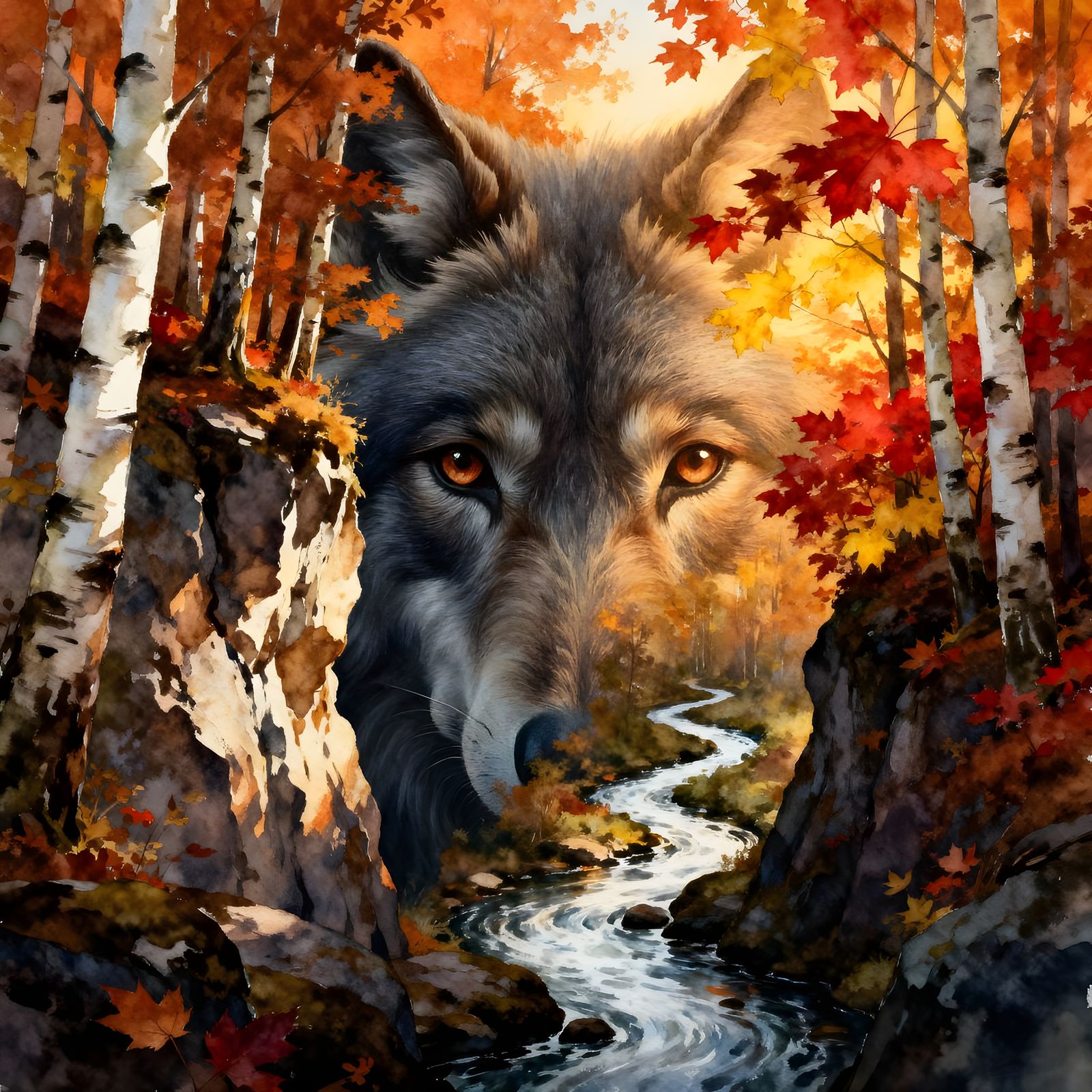 Autumn Wolf Portrait in Vivid Chiaroscuro