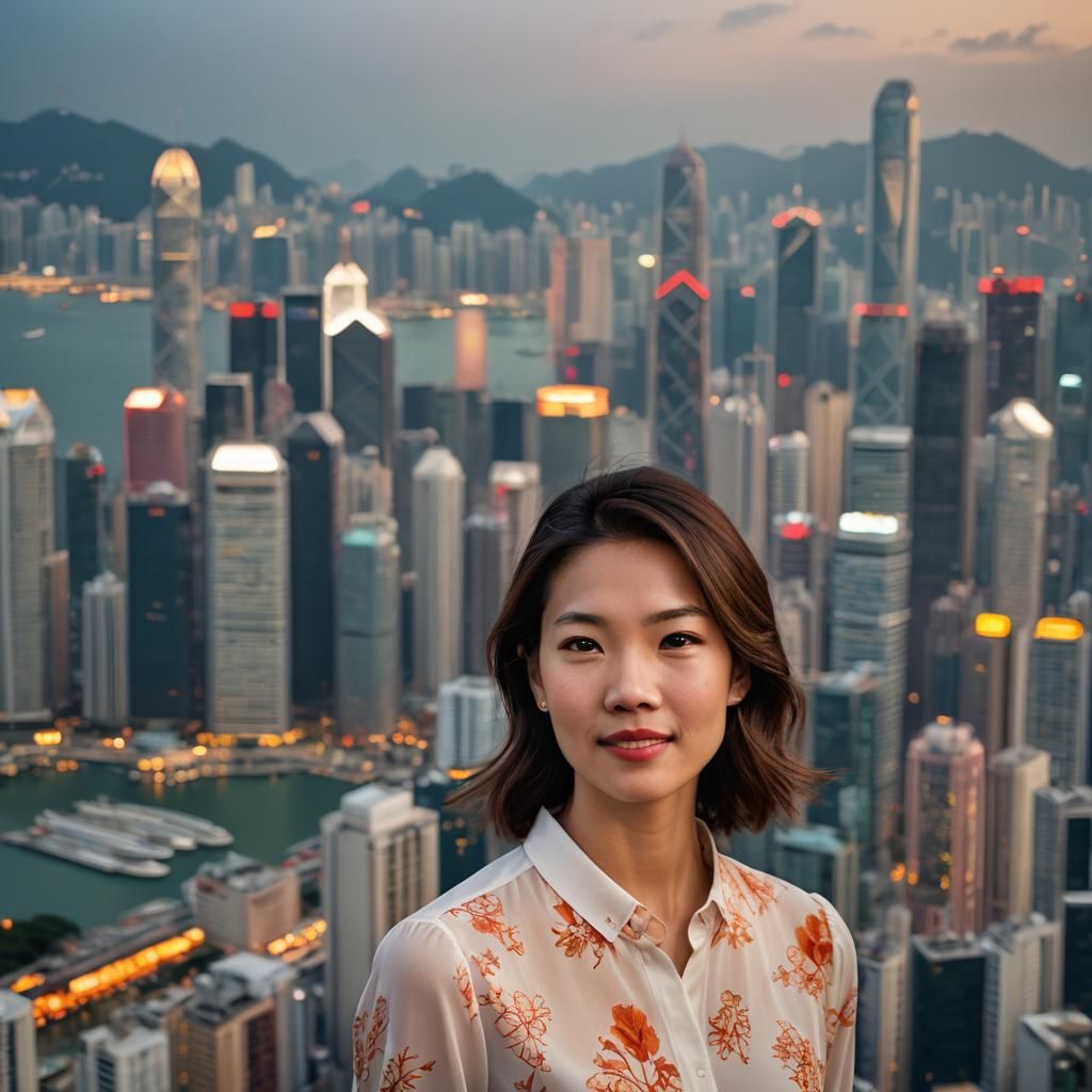 Portrait of Woman with Hong Kong Backdrop
