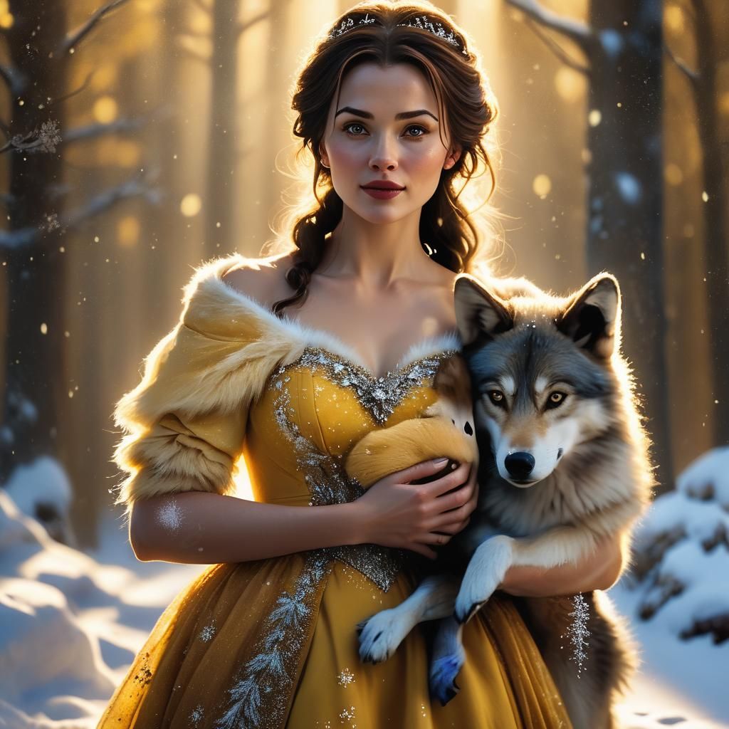 Ethereal Belle Adorns Snowy Landscape with Gentle Furry Comp...