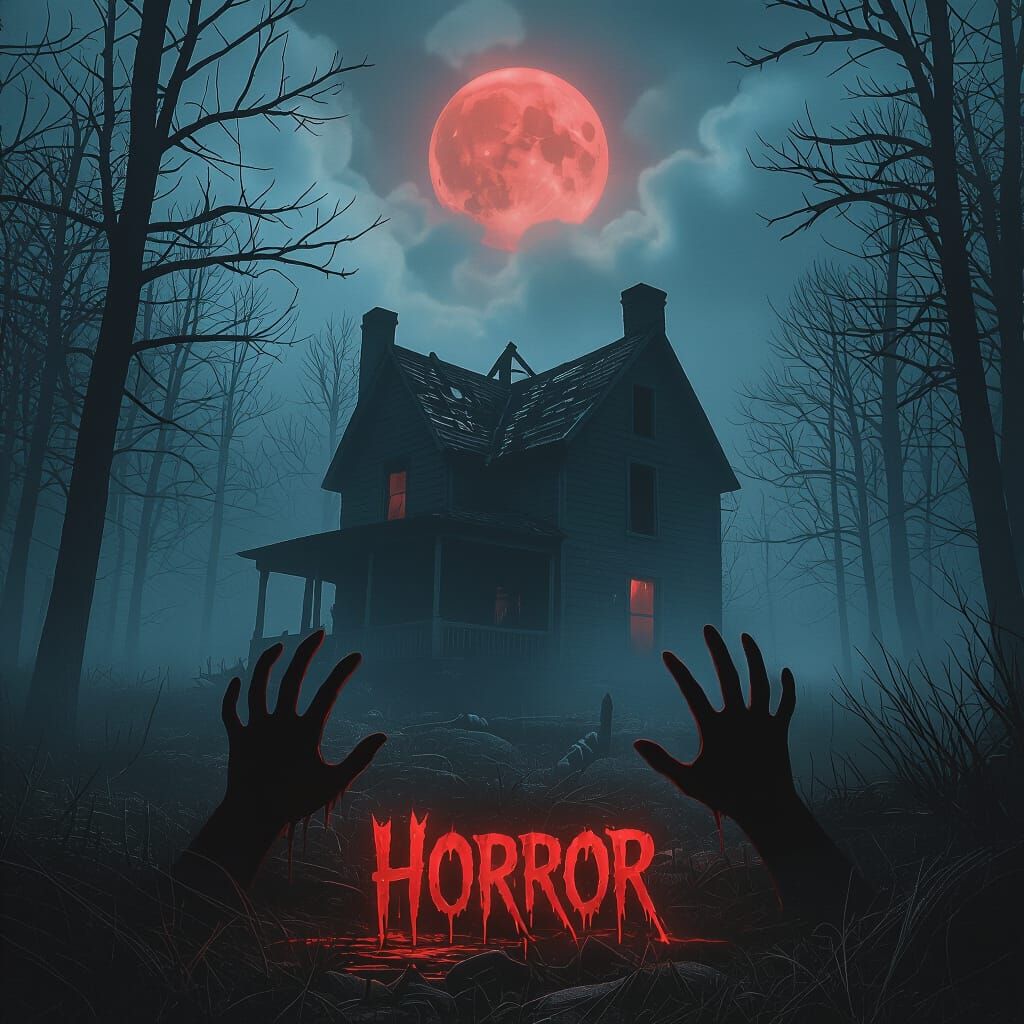 Haunted Forest Horror: Broken House Under Red Moon