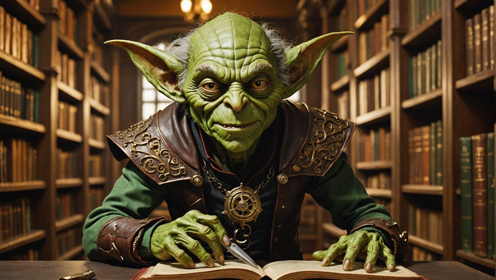 Clockwork Goblin in Library: Hyper-Realistic Steampunk Portr...