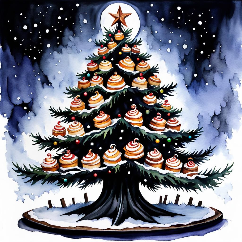 Cinnamon Roll Christmas Tree in Watercolor Style