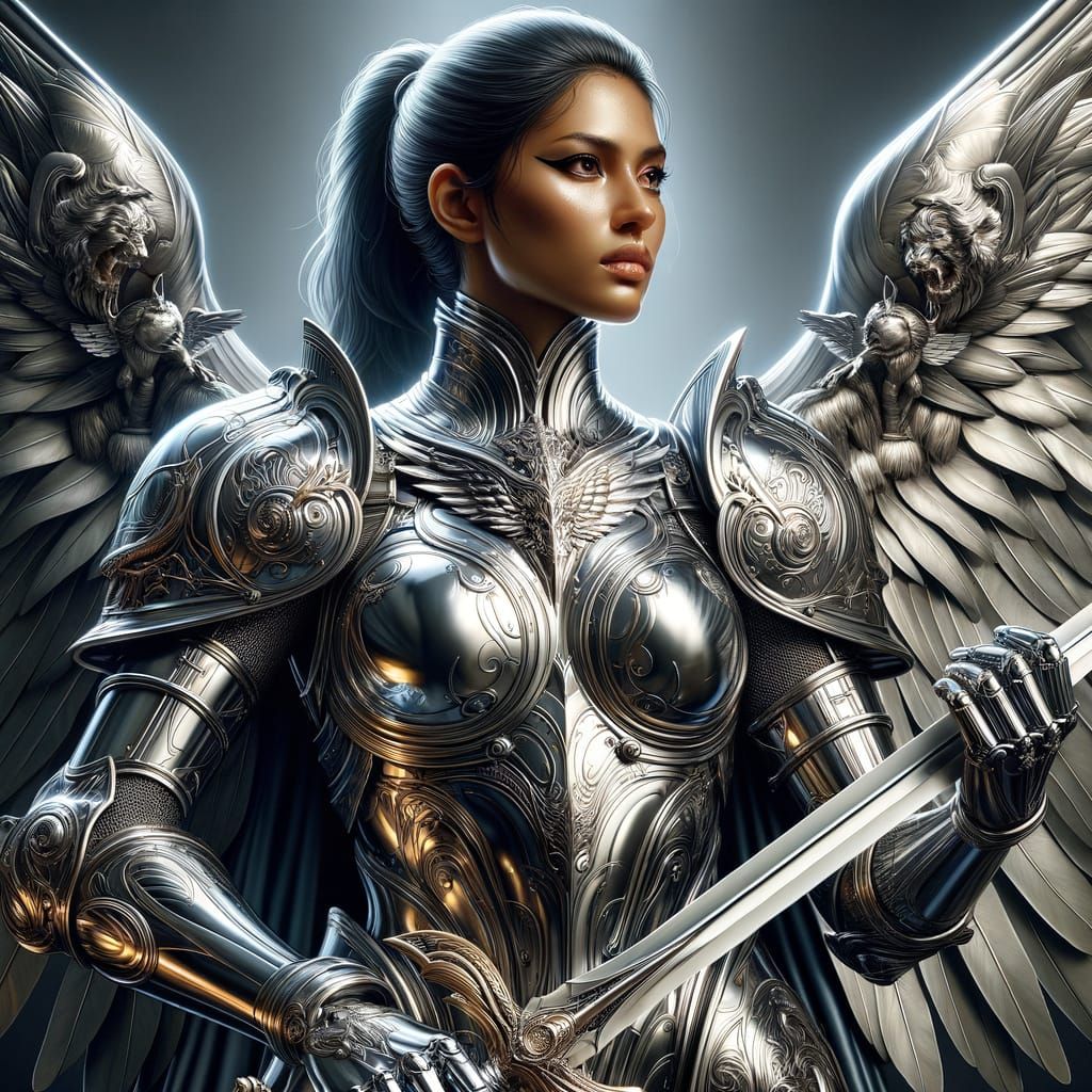 Chrome Armored South Asian Warrior Angel