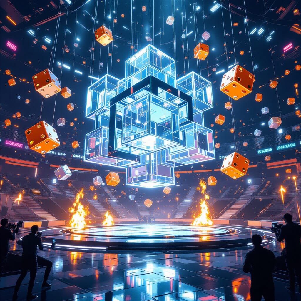 Floating Labyrinth with Crystal Dice in Futuristic Stadium
