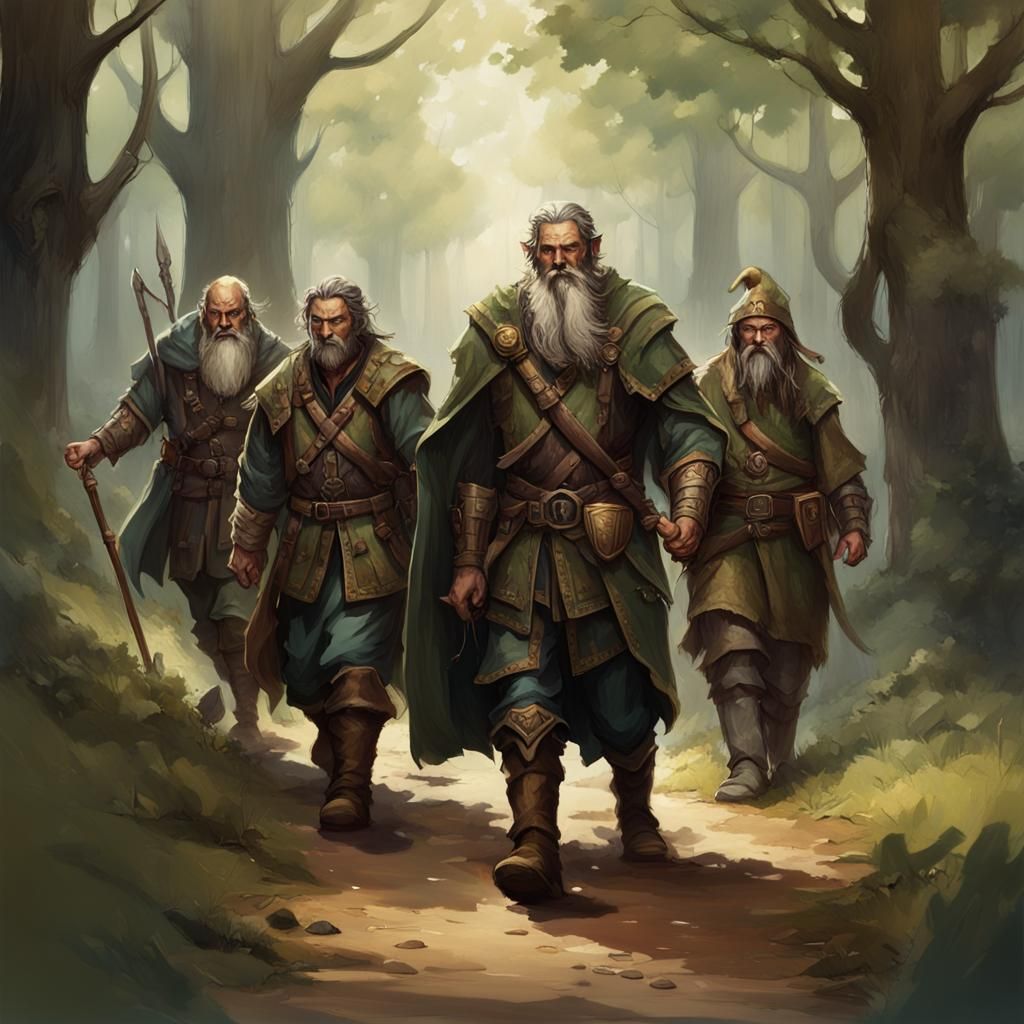 Fantasy Fellowship Walks Down Forest Path
