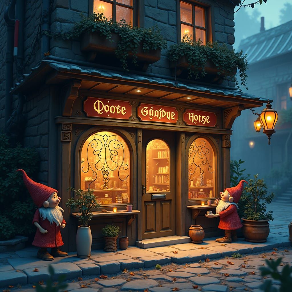 Whimsical Gnome Shopfront at Dusk