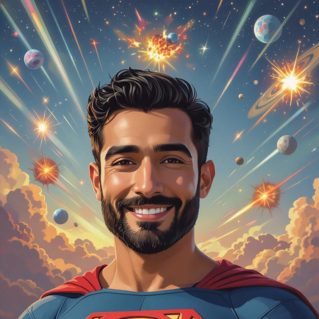 Friendly Superman in Cosmic Space, Impressionist Style
