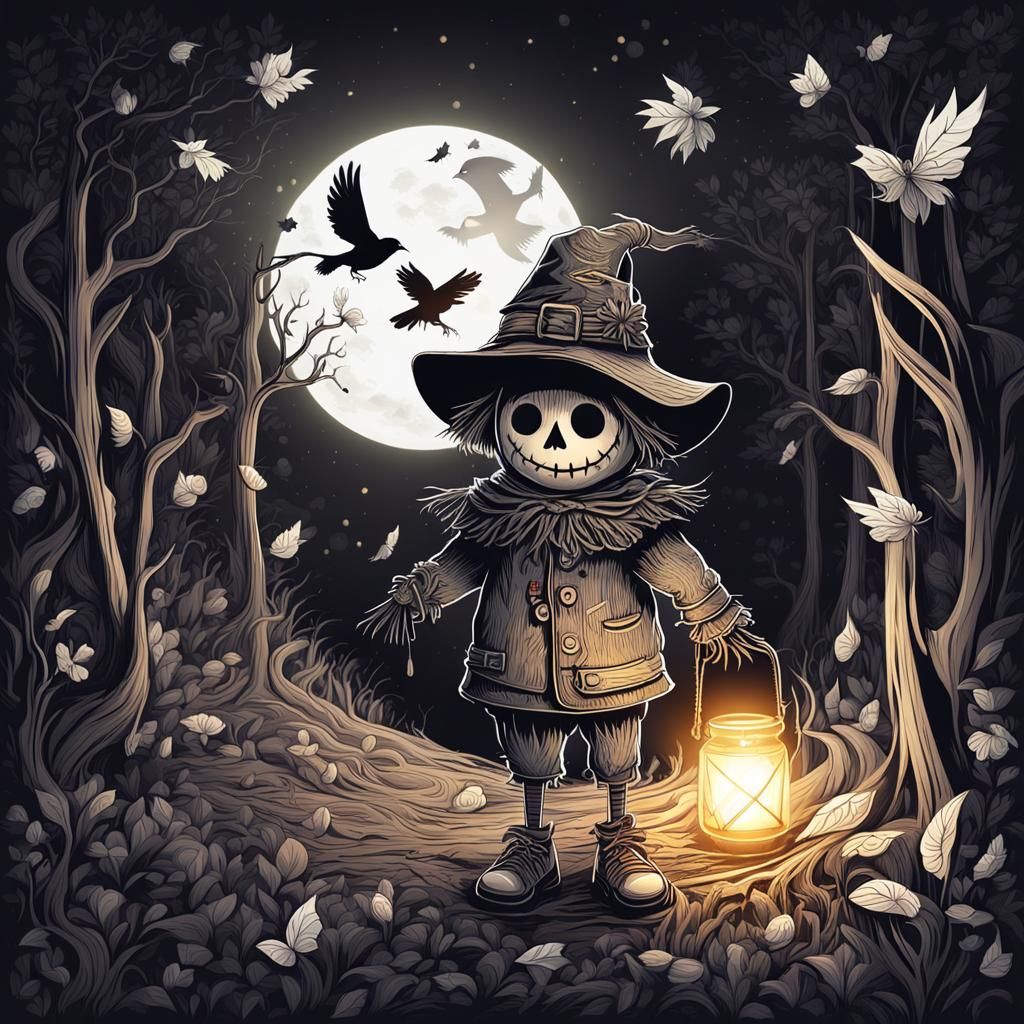 Adorable Scarecrow with Raven in Dark Forest