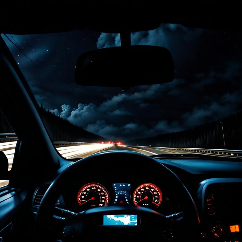 Highway Drive on a Dark Scary Night