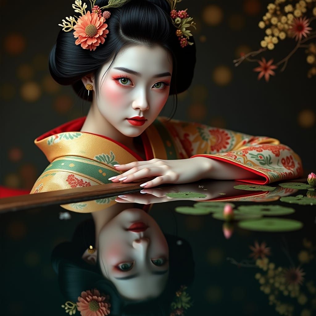 Geisha Portrait with Mirrored Reflection in Hyperrealism