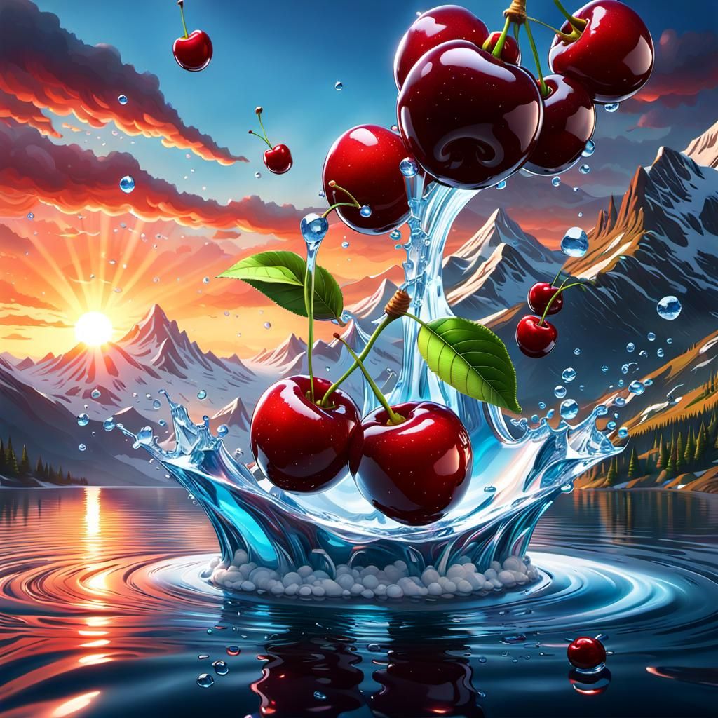 Glossy Cherries Splashing: 3D Rendered Art